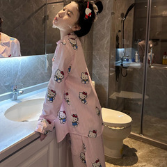 2025新款条纹kitty猫冰丝睡衣女春秋季长袖休闲风家居服夏天短袖