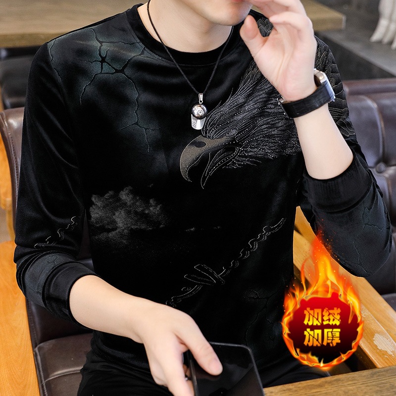 Men's long-sleeved fleece-lined sweatshirt, thickened velvet round-neck thermal base layer, new autumn/winter style top