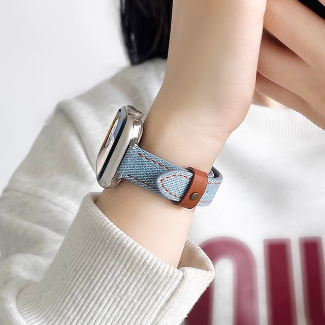 适用iwatchs10表带牛仔s9s8女款s7苹果手表s65女式真皮se秋冬腕带