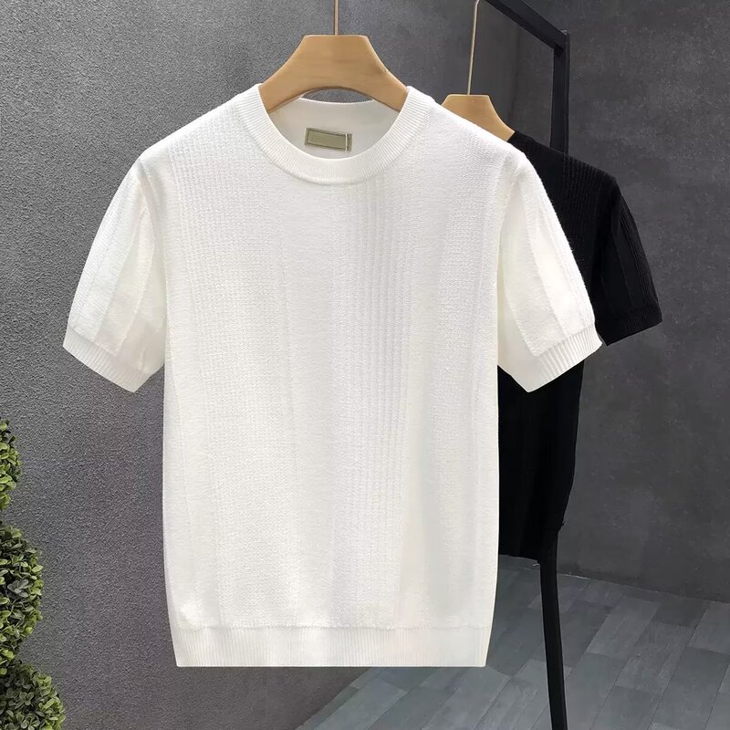 Pure white jacquard short sleeve sweater men's spring and autumn thin bottoming shirt men's fashion brand trendy half sleeve sweater
