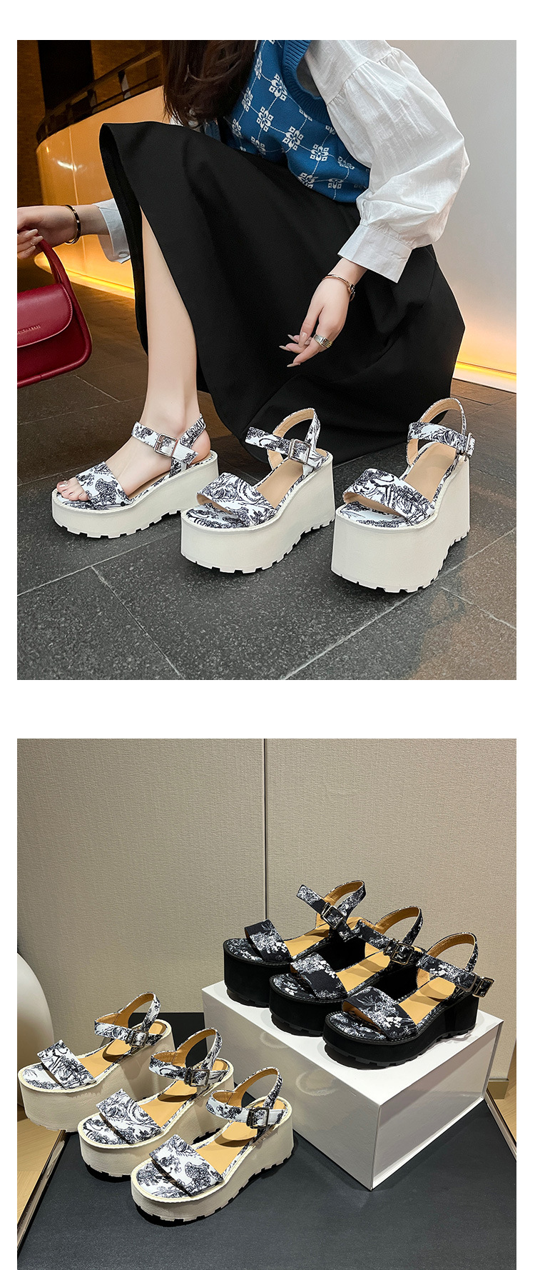 Sandal cao gót nữ phong cách Trung Hoa đế xuồng hở mũi quai ngang — Đen 11cm, Trắng 11cm, Trắng 9cm, Đen 9cm chi tiết 19