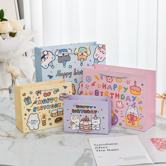 Horizontal Cute Cartoon Rabbit Color Handbag Gift Bag in stock Pink Children's Day Gift Wrapping Paper Bag