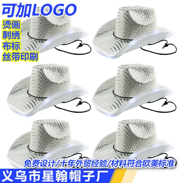 Manufacturer Wholesale Sequin Hat with Led Lights, Decorative Eva Shaped Hat, Advertising Costume Hat, Jazz Western Cowboy Hat