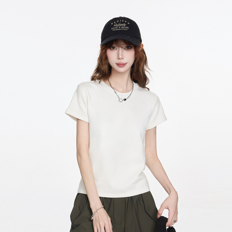 Straight Shoulder Simple Versatile White T-Shirt for Women 2026 Summer New Style Petite Solid Color Basic Short-Sleeve Top Straight Shoulder Simple Versatile White T-Shirt for Women 2026 Summer New Style Petite Solid Color Basic Short-Sleeve Top