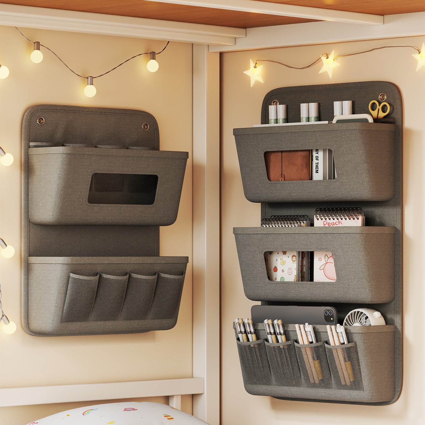 Wall-mounted storage bags for dorm rooms, student dormitory wall organizers, phone holders, blue door-back storage shelves for underwear, socks, and books