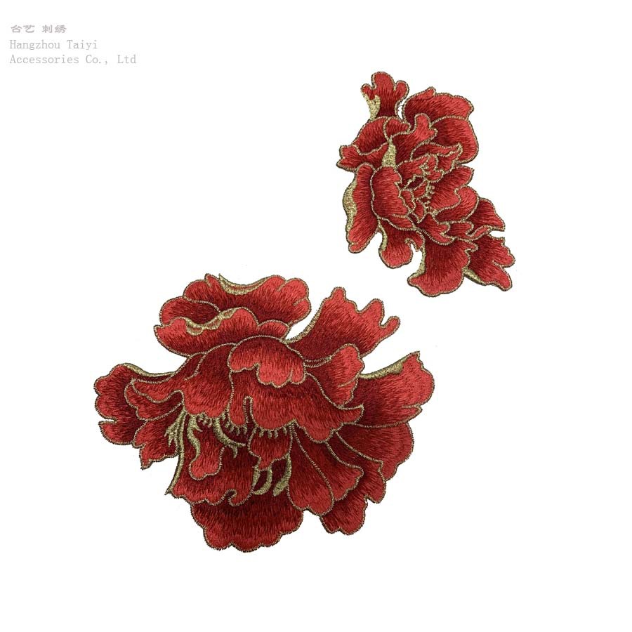 牡丹花刺绣布贴  花衣服补丁贴牛仔 DIY修补洞 旗袍金线装饰辅料
