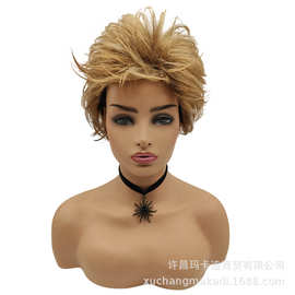 化纤假发短发wigs 挑染色机制款蓬松自然短卷发头套 工厂批发