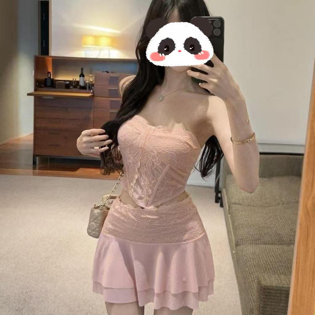 French-Style Lace Bustier Top and Mini Skirt Set, Semi-Transparent Fishbone Design, Roleplay Costume — detail image 6