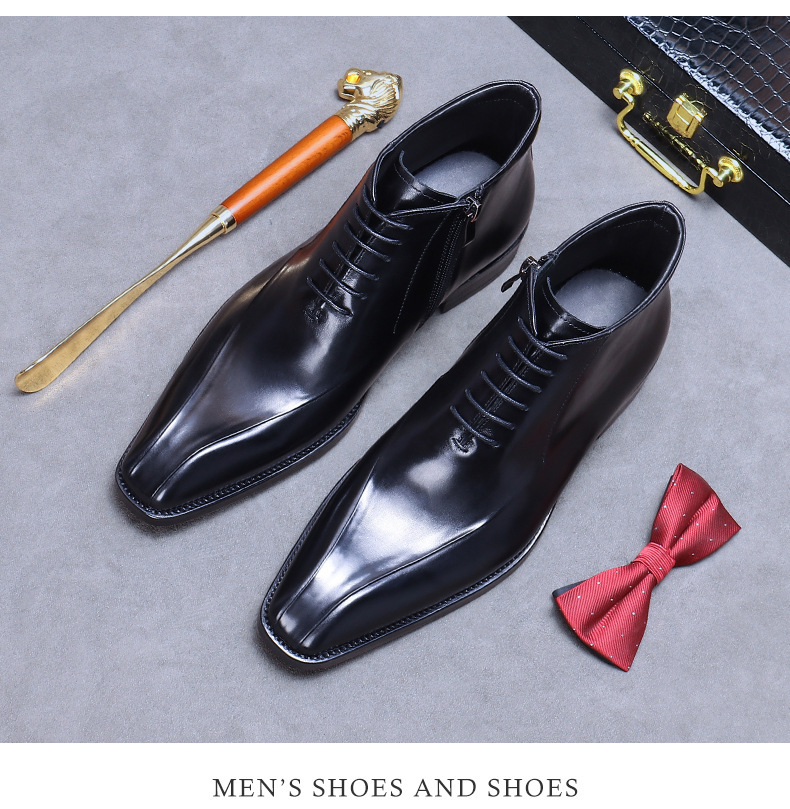 Kožené boty Velkoobchodní továrna Britské martinské boty Pravá kůže Módní společenské boty Špičatá špička Zip Vysoké kožené boty Kotníkové boty_voghion.com