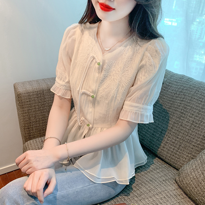 实拍法式优雅复古短袖雪纺蕾丝衬衫女装夏季气质甜美时尚韩版跨境