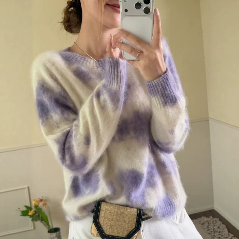 Retro Ink-Splattered Tie-Dye Knit Sweater for Women, Autumn Long-Sleeve Soft and Relaxed Lazy Style Round-Neck Pullover Sweater Retro Ink-Splattered Tie-Dye Knit Sweater for Women, Autumn Long-Sleeve Soft and Relaxed Lazy Style Round-Neck Pullover Sweater