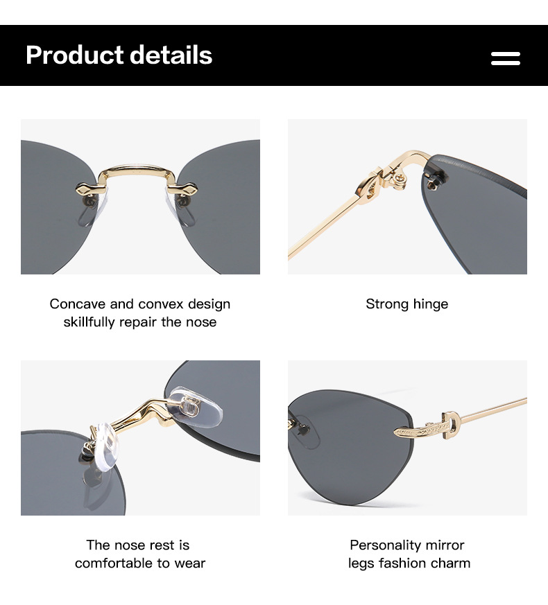 41g Weight Frameless Glasses Structure Sunglasses Classification Ac, UV400 Protection Lens Material Cat Eye Glasses Style Holiday, Outdoor Occasion Solid Color Pattern All Seasons Season Unisex Gender Casual Style Casual Solid Color Ac UV400 Protection Cat Eye Frameless Women's Sunglasses 14