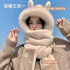 冬季保暖护耳帽骑行手套围脖三件套火狐狸耳朵毛绒帽子围巾一体女