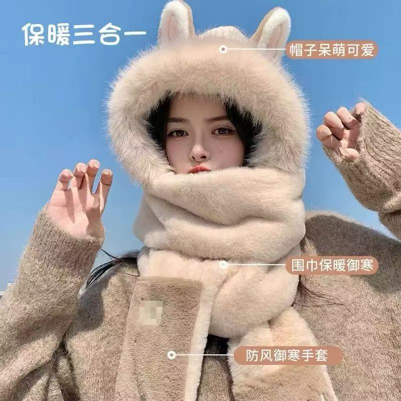冬季保暖护耳帽骑行手套围脖三件套火狐狸耳朵毛绒帽子围巾一体女|undefined