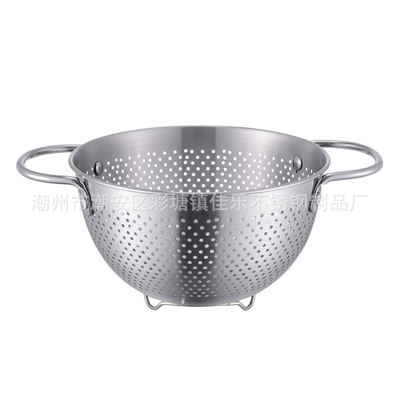 新品 加厚无磁不锈钢水果篮带脚双耳果蔬篮圆形冲孔外贸出口篮