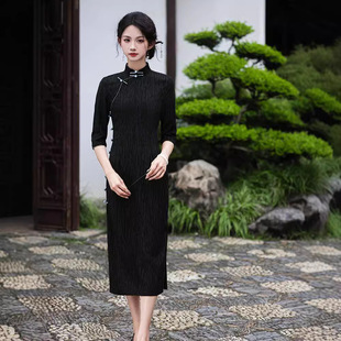 Black Improved Plain Elegant Striped Cheongsam 2024 Autumn Vintage Republic of China Style Elegant Slim Young Temperament dress