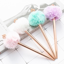 皇冠毛球笔现货批发创意文具礼品金属圆珠笔可爱办公小清新毛绒笔