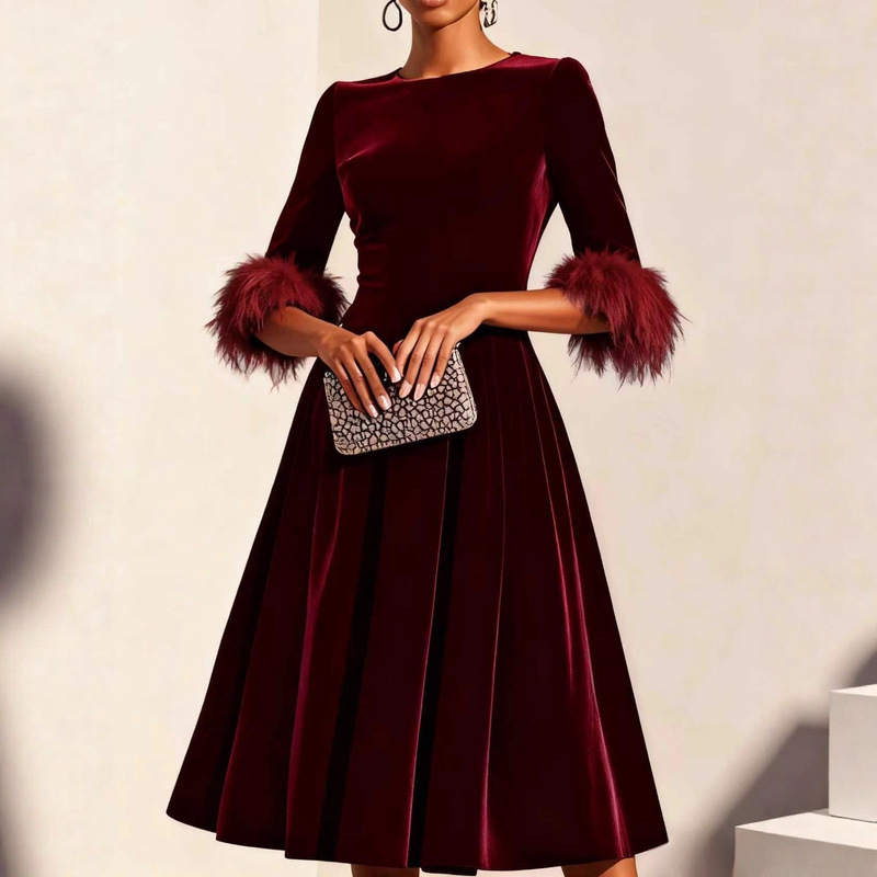 In Stock: Women's Autumn and Winter Elegant Round-Neck Velvet Dress, Fashionable Feather Half-Sleeve, High-Waisted A-Line with a Large Hem