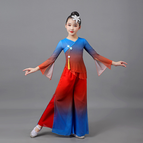 girls Blue gradient chinese folk classical dance costumes hanfu kids classical fan umbrella dance dresses chinese wind dance performance clothes for children