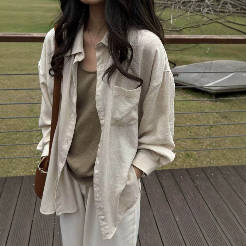Ice silk solid color women's shirt for summer, light, airy, cool, loose, casual, figure-flattering, long-sleeved, sun-protective shirt jacket