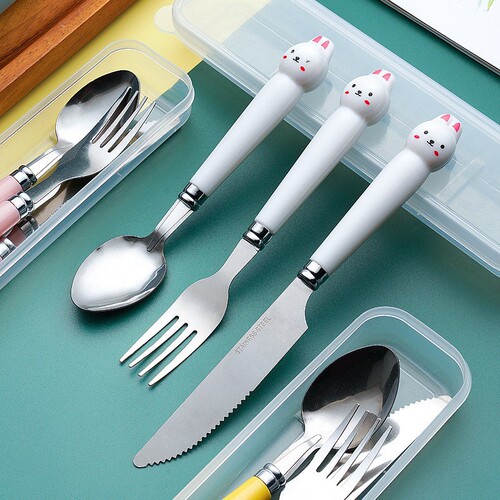 Ins high-quality cartoon animal knife, fork, spoon set imitation ceramic gift box tableware for students, adults, home use 410 stainless steel