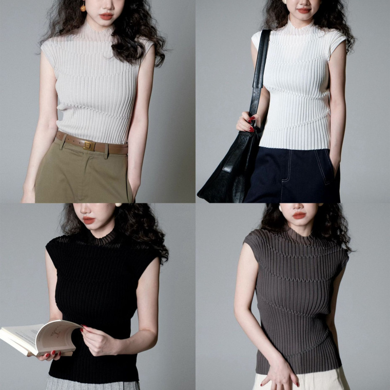 Ivy Yamg Retro Half-High Collar High-Elastic Lace Ribbed Striped Shoulder-Sleeve Waist-Cinching Slimming Summer Knit Top for Women Ivy Yamg Retro Half-High Collar High-Elastic Lace Ribbed Striped Shoulder-Sleeve Waist-Cinching Slimming Summer Knit Top for Women