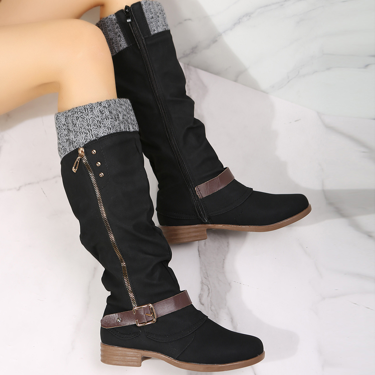 New chunky heel side zip stitching boots for women_voghion.com
