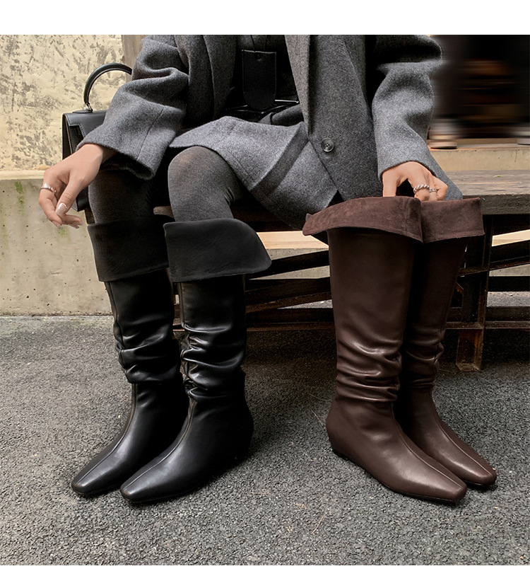 Boot nữ cổ cao quá gối da thật mũi vuông gót xuồng tăng chiều cao — màu nâu, màu đen chi tiết 27