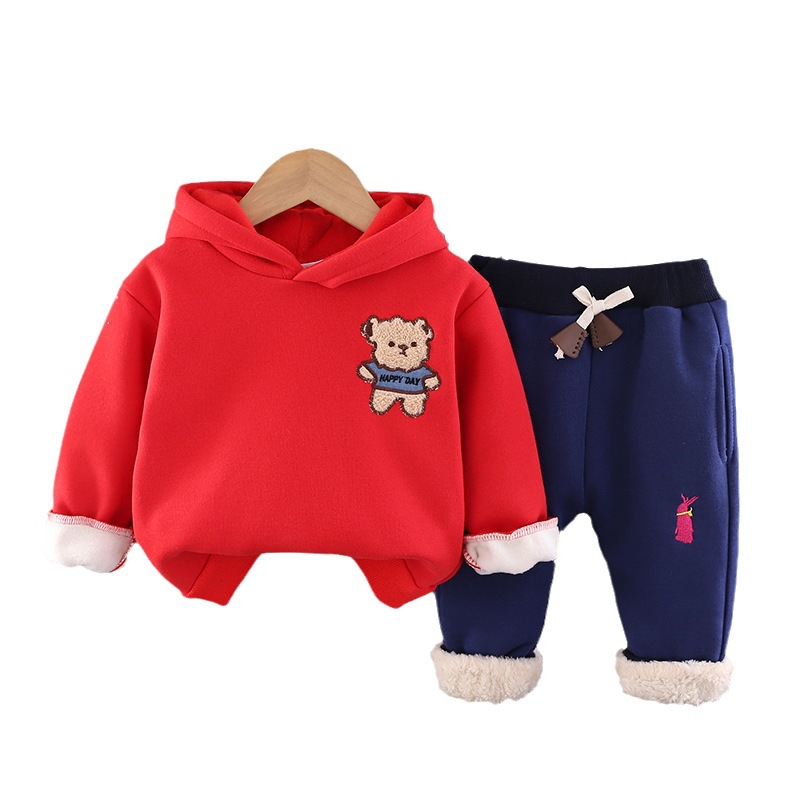 Winter pluche baby 2023 nieuwe cartoon jongens en meisjes trui met capuchon, tweedelige set kindersportkleding_voghion.com
