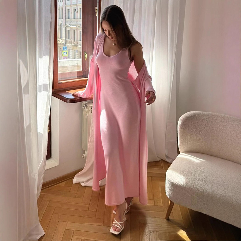 Cross-Border Knitted Long-Sleeved Cardigan + Suspender Dress Suit European and American 2025 Autumn Hot Sale Soft Blouse Suit for Women Cross-Border Knitted Long-Sleeved Cardigan + Suspender Dress Suit European and American 2025 Autumn Hot Sale Soft Blouse Suit for Women