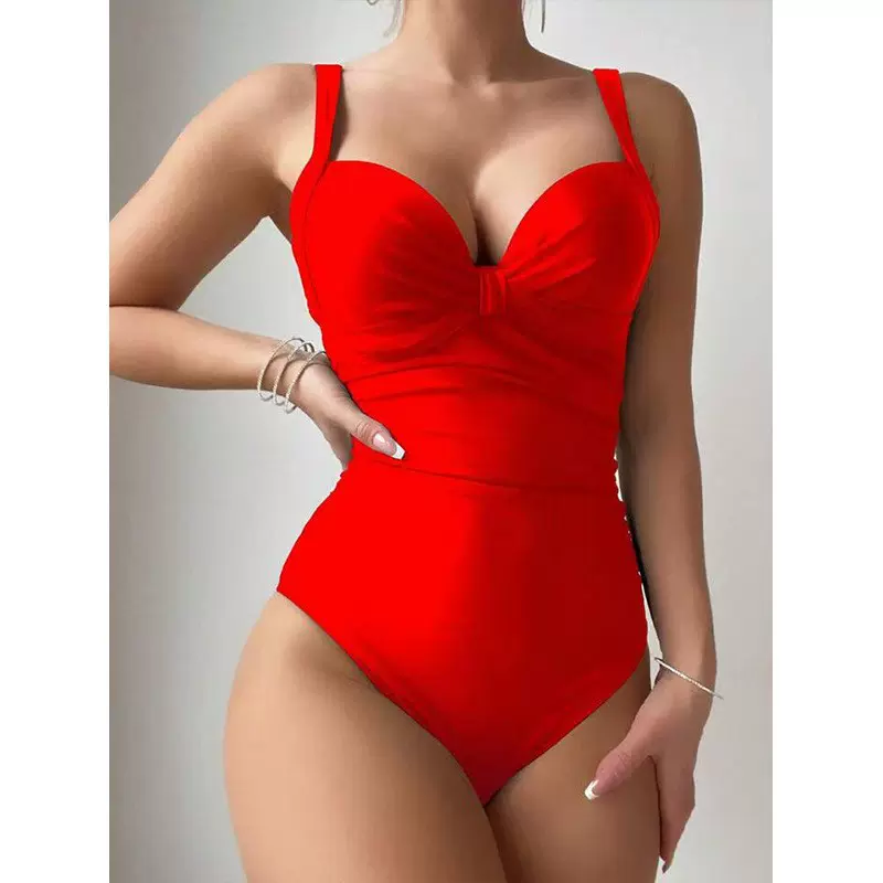 纯色连体泳衣女2025跨境亚马逊聚拢性感遮肚显瘦海边度假温泉泳装