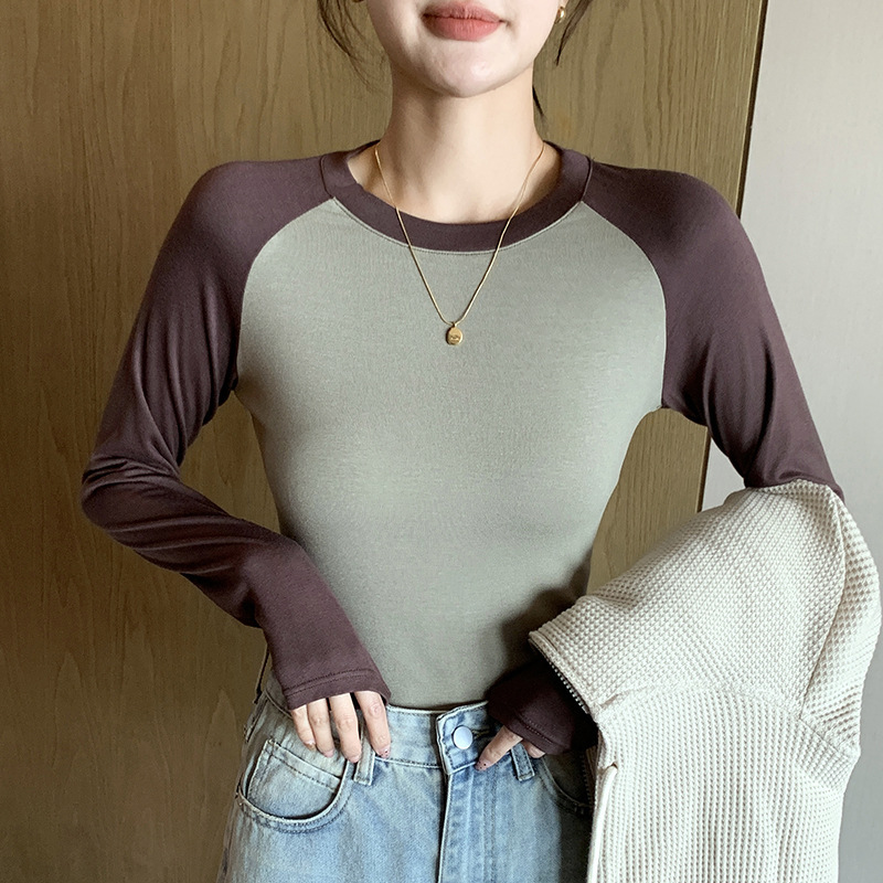 QY806 女性のラグラン Tシャツ女性の長袖黒スプライシングスリムトップ夏のホットガール Tシャツラウンドネックカジュアルウェア|undefined