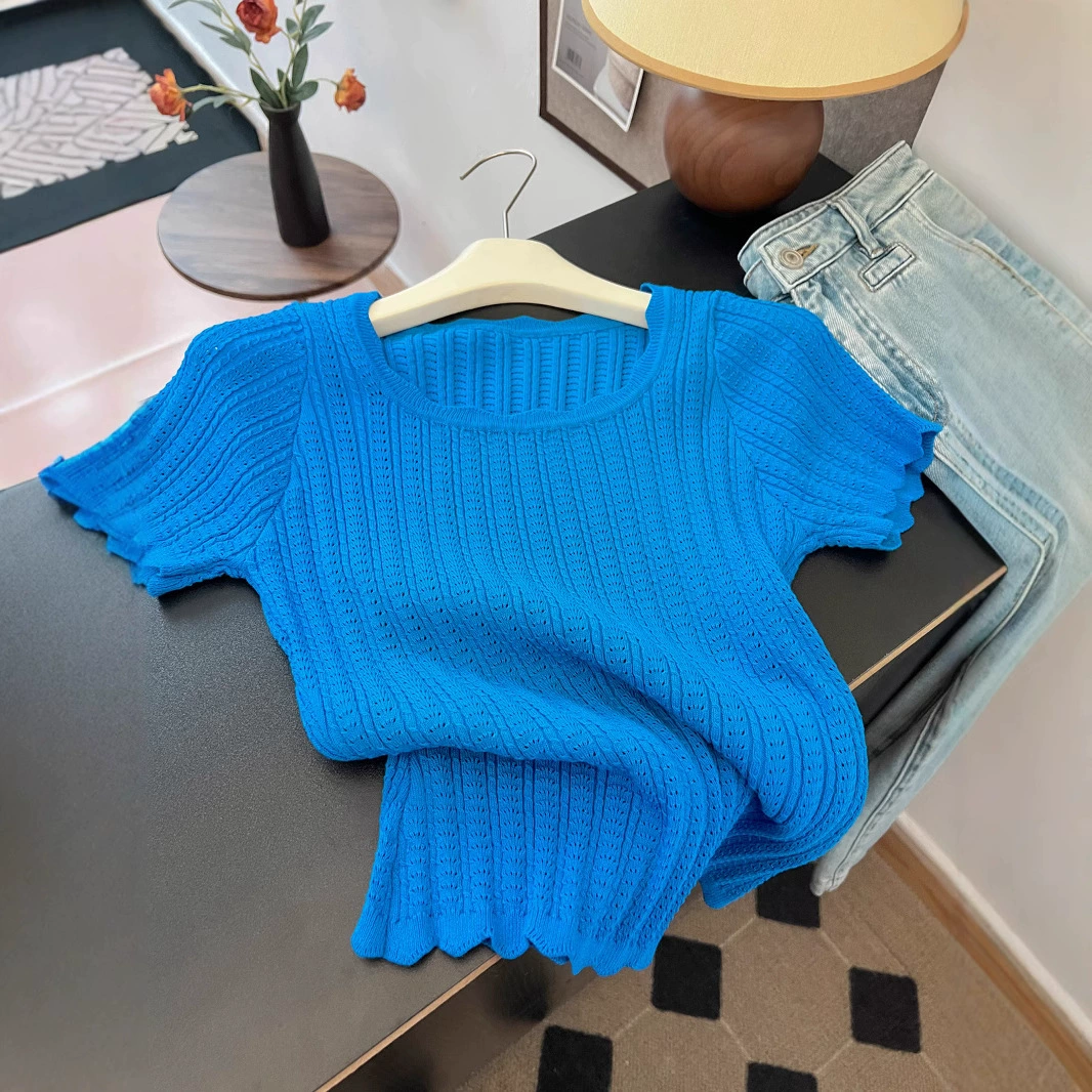 Французский квадратный воротник Кляйн синий вязаный свитер с короткими рукавами женский летний новый тонкое тело короткий топ