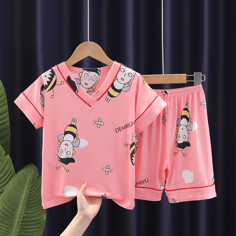 Summer children's new V-neck short-sleeved shorts loungewear set, sweet and suitable for both older and younger girls.