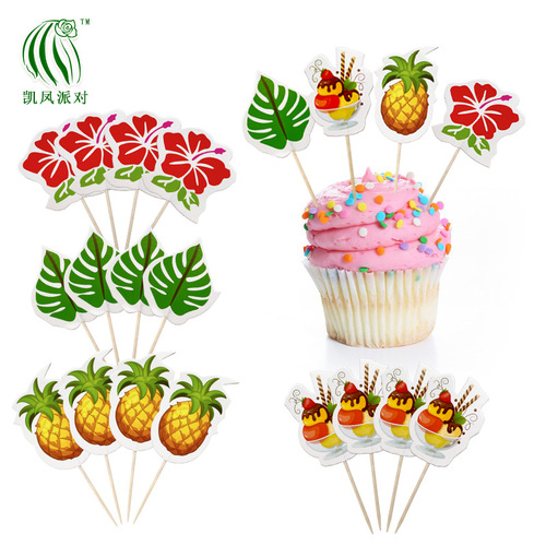 Hawaii Tropical Cake Dessert Stand Insert 16PCS Tortoise Shell Wood Hibiscus Flower Pineapple Ice Cream Skewers