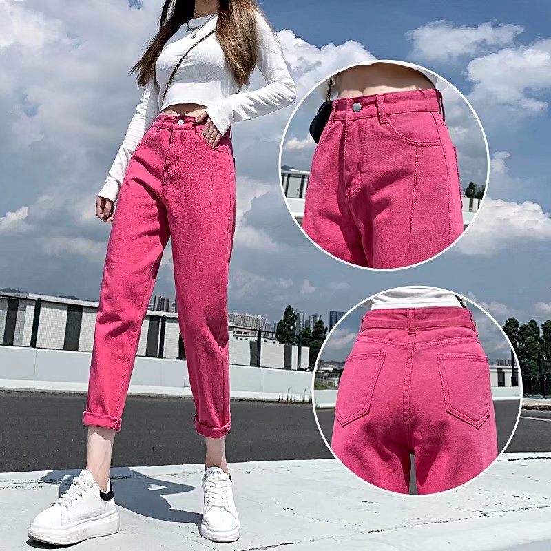 Rose Red Jeans Women's Spring and Summer New High Waist Nine-Fit Radish Dad Straight Slim Loose Casual Pants Rose Red Jeans Women's Spring and Summer New High Waist Nine-Fit Radish Dad Straight Slim Loose Casual Pants
