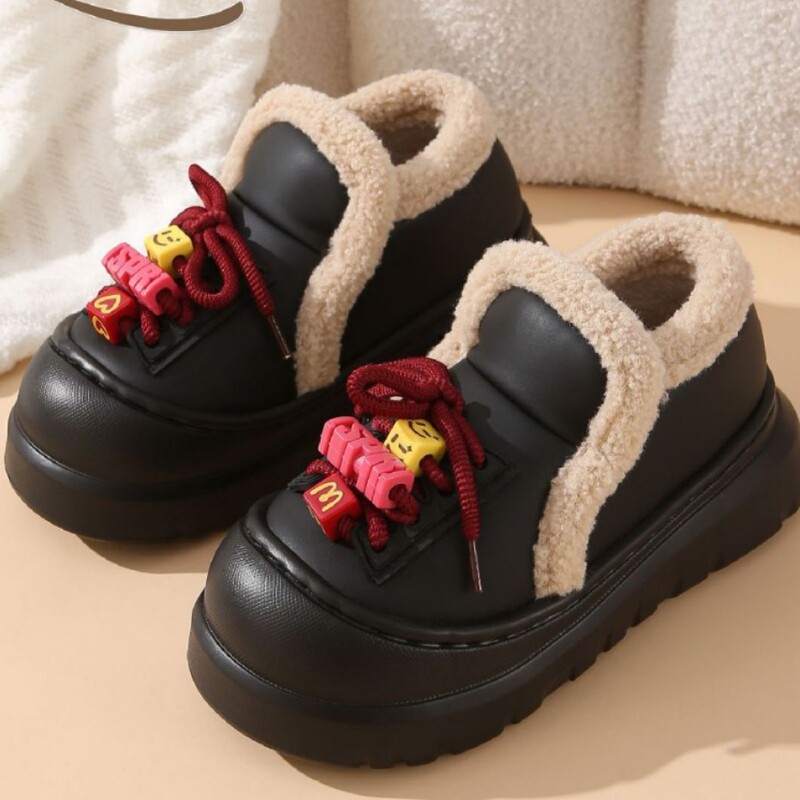 Offline Wholesale Fleece-Lined Warm Cotton Slippers for Autumn and Winter Women's Indoor Lace-Up Beaded Bag Heel Cotton Shoes for Outer Wear