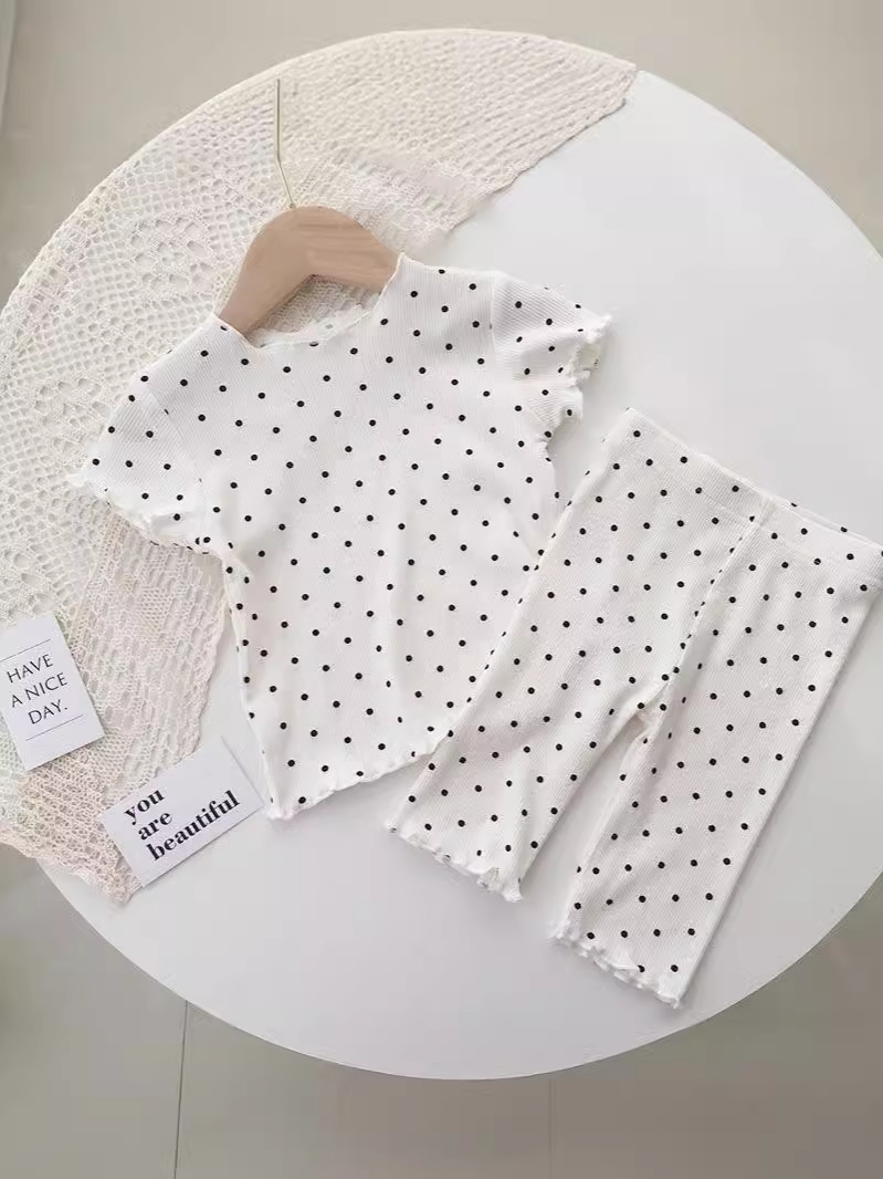 Pijamas infantiles de verano delgado conjunto de puntos de aire extranjero niñas de verano dos piezas de ropa para el hogar ropa de aire acondicionado para niños mujeres