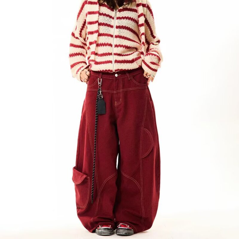 American Retro Red Topstitch Workwear Scimitar Jeans for Women with Deconstructed Design, Wide-Leg Pants, Loose Sickle Pants
