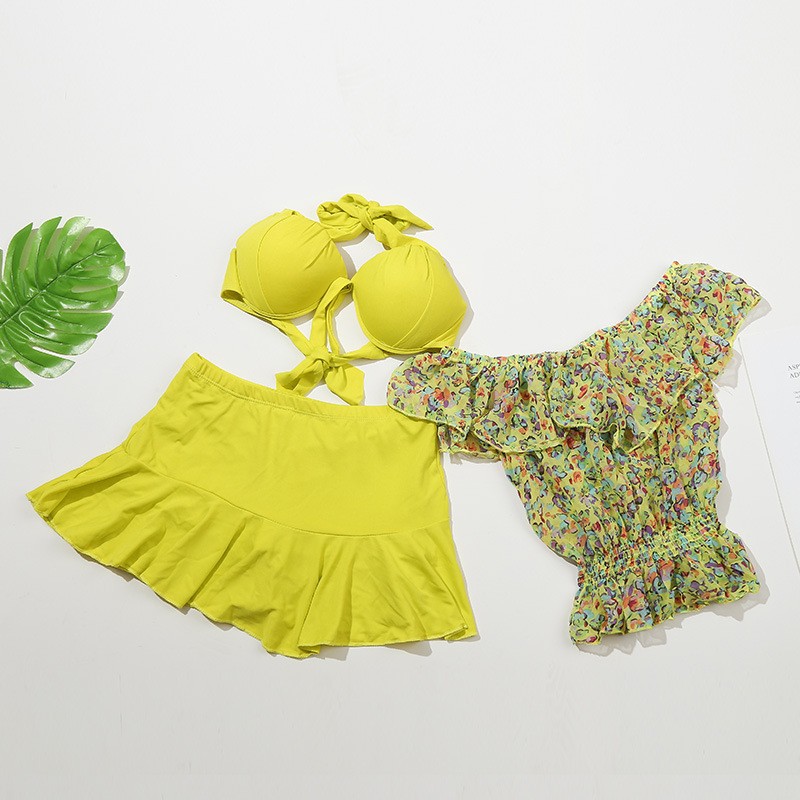 Oferta especial bikini traje de baño de tres piezas falda de mujer sexy pequeño pecho push up split traje de baño de aguas termales