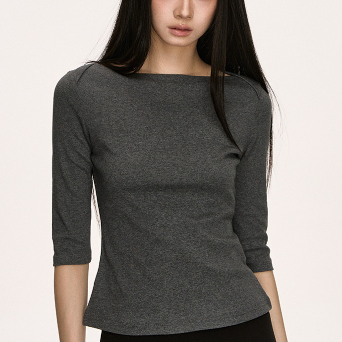 Sailboat Collar Three-Quarter Sleeve T-Shirt for Women Summer Three-Quarter Sleeve Slim Sexy Gray Mid-Sleeve Versatile Top