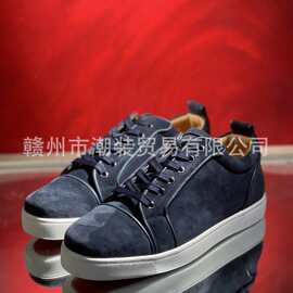 cl andgz男鞋老钱风蓝色牛皮绒面铆钉低帮系带红底鞋女鞋休闲板鞋
