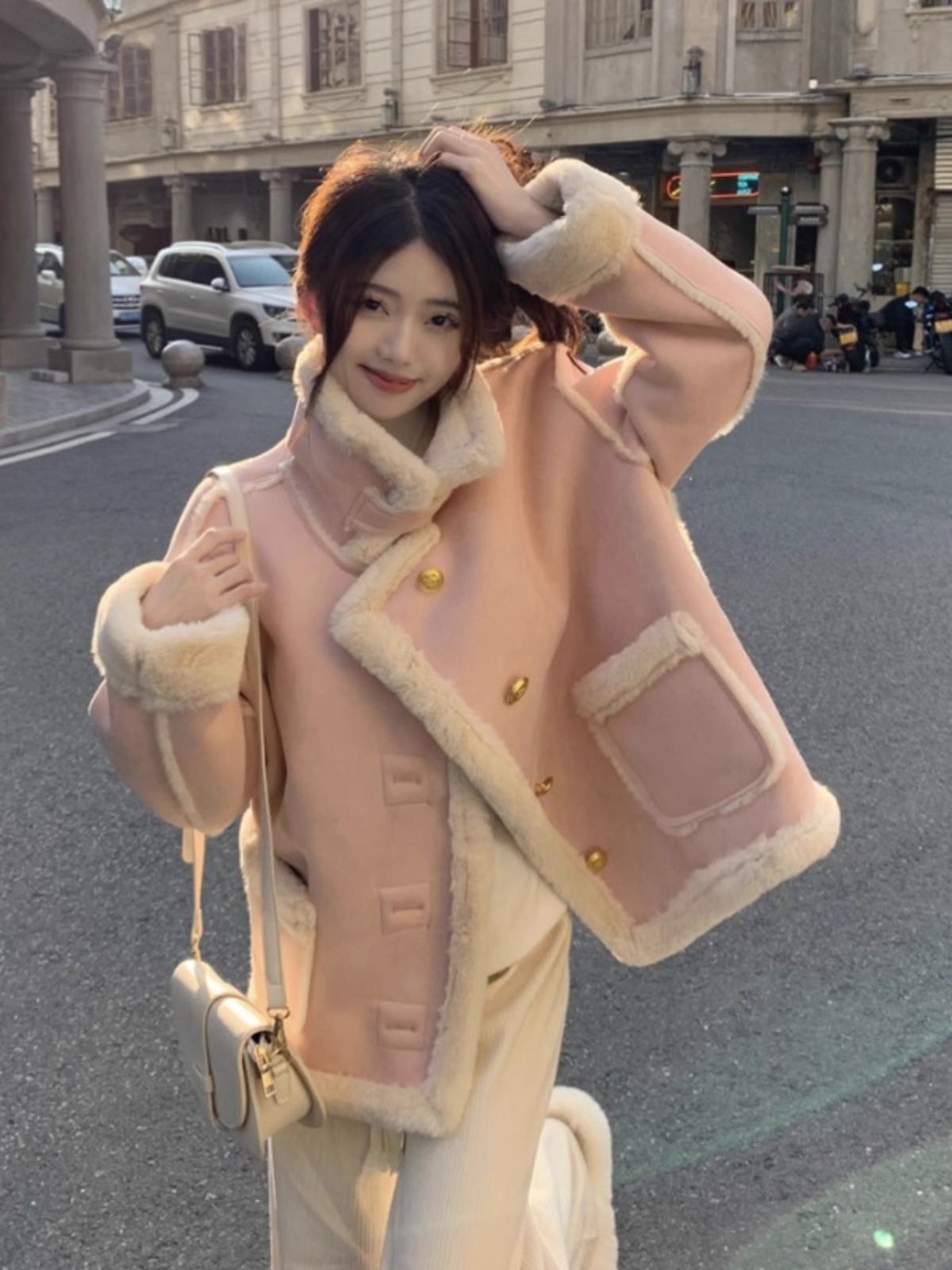 Pink Chanel-Style Shearling Coat for Women, New Winter Hot-Selling Korean Style, Fleece-Lined and Thickened Biker Jacket