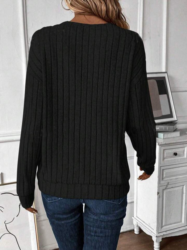 New cross-border foreign trade European and American Amazon long-sleeved V-neck ribbed casual solid color top loose women's clothing