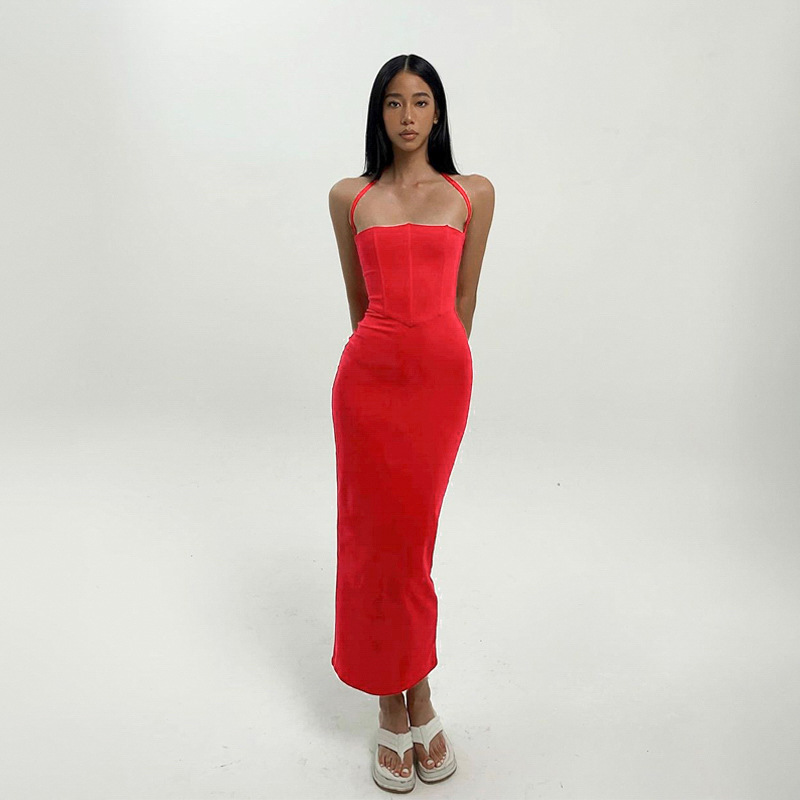 solid color halter neck slim dress NSTNV129511