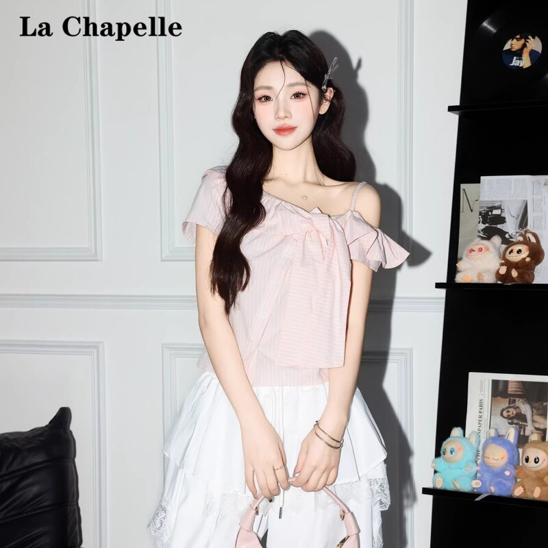 Pink Striped Irregular Short-Sleeve Shirt for Women, 2026 Summer New Off-Shoulder Top, Pure Desire Style Blouse Pink Striped Irregular Short-Sleeve Shirt for Women, 2026 Summer New Off-Shoulder Top, Pure Desire Style Blouse
