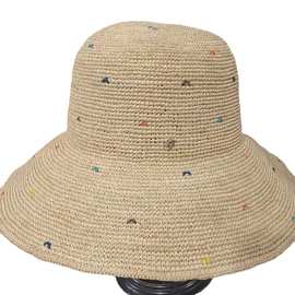 11cm大檐手勾拉菲草帽春夏女遮阳防晒帽随意凹造型可爱彩点点帽批