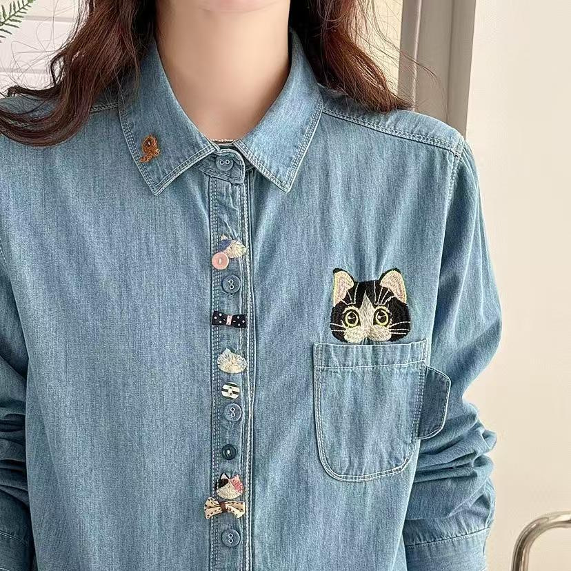 2026 Spring New Women's Lapel Japanese Style Denim Shirt Loose Blouse Cardigan Fresh and Trendy Ins Style Export