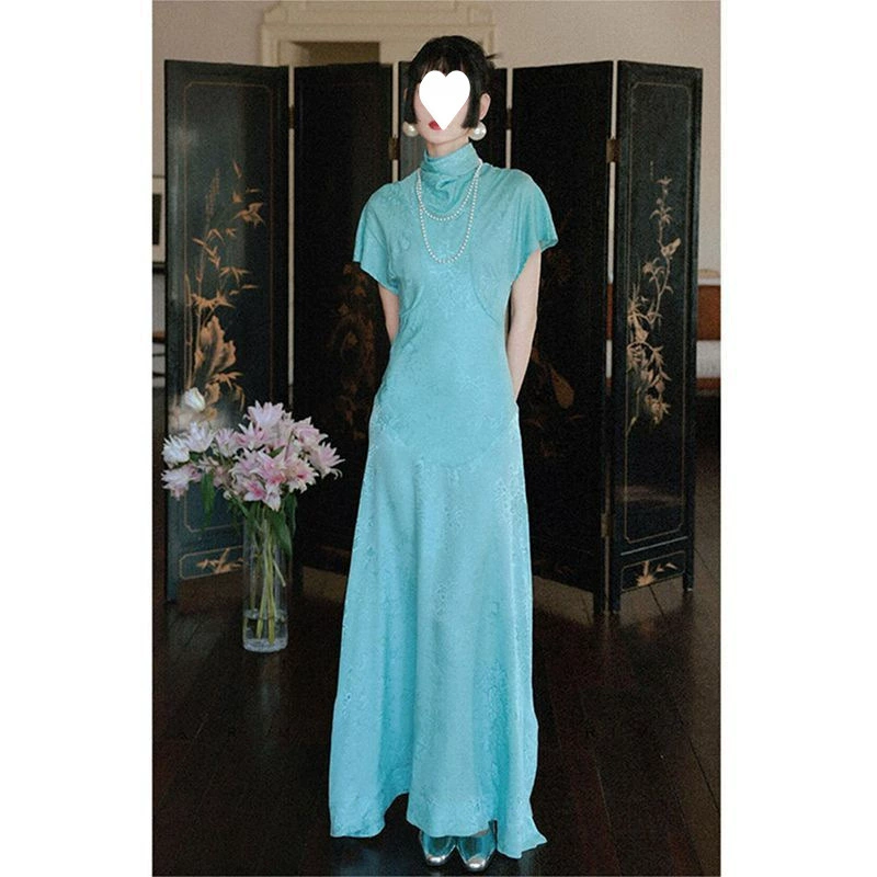 Новый легкий национальный стиль в китайском стиле популярен в этом году, красивая улучшенная длинная юбка Cheongsam, голубое платье с короткими рукавами для женщин летом.
