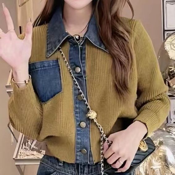 2023秋冬新款女装牛仔拼接毛衣女日系慵懒风复古宽松针织开衫外套